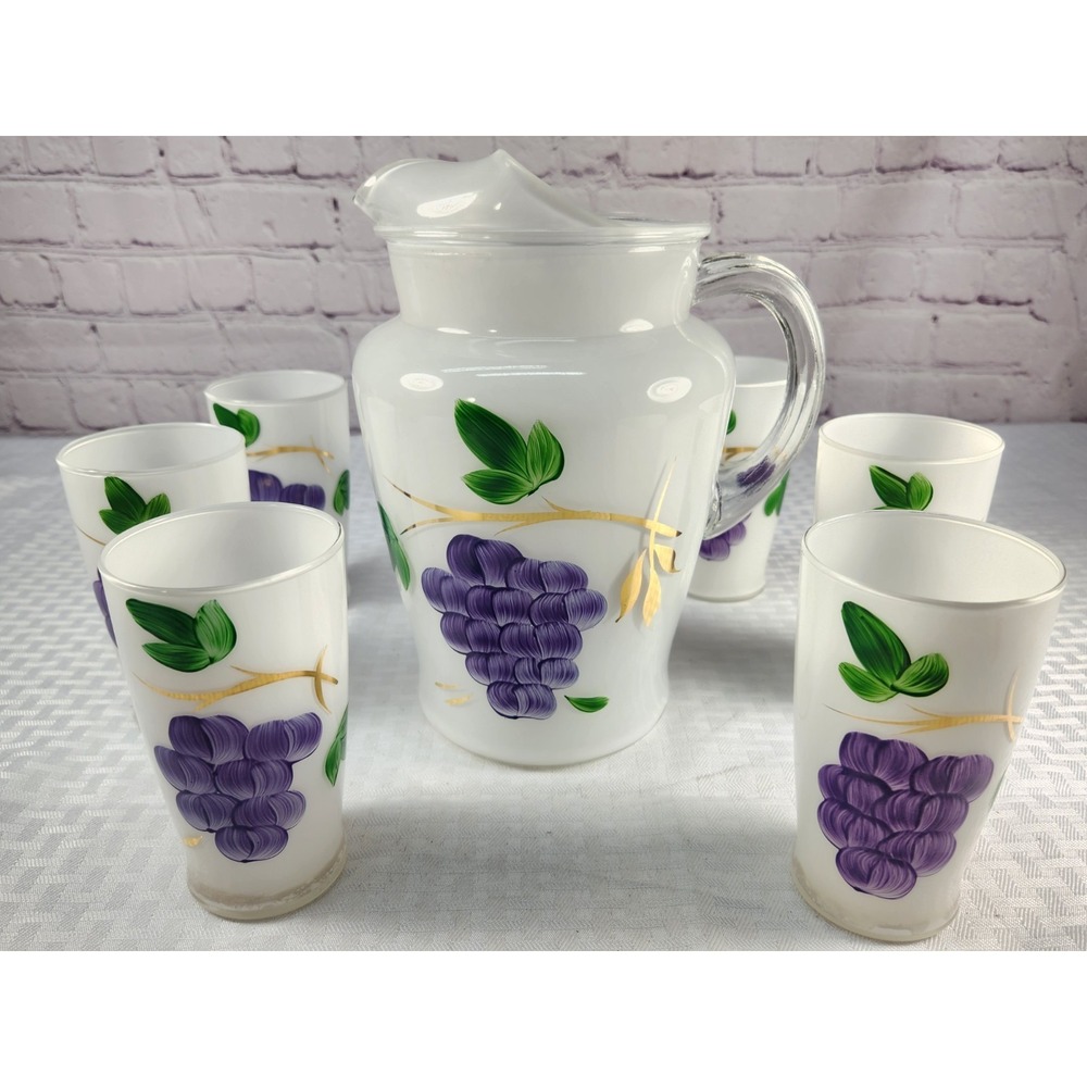 Mid Century Modern Bartlett Collins Frosted Glass Lemonade Pitcher + 6 Glasses